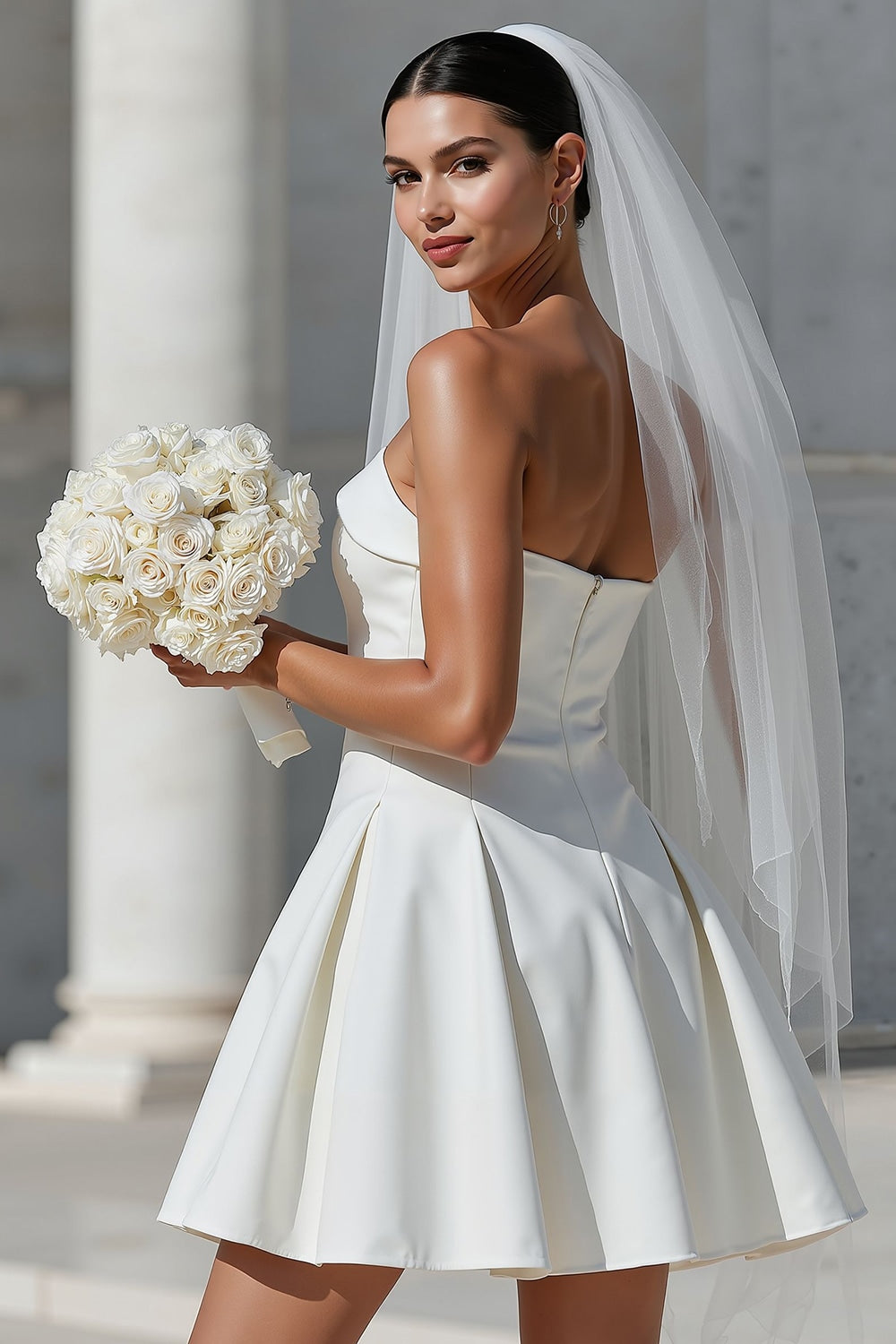 White Strapless A Line Satin Short Wedding Dress with Bow
