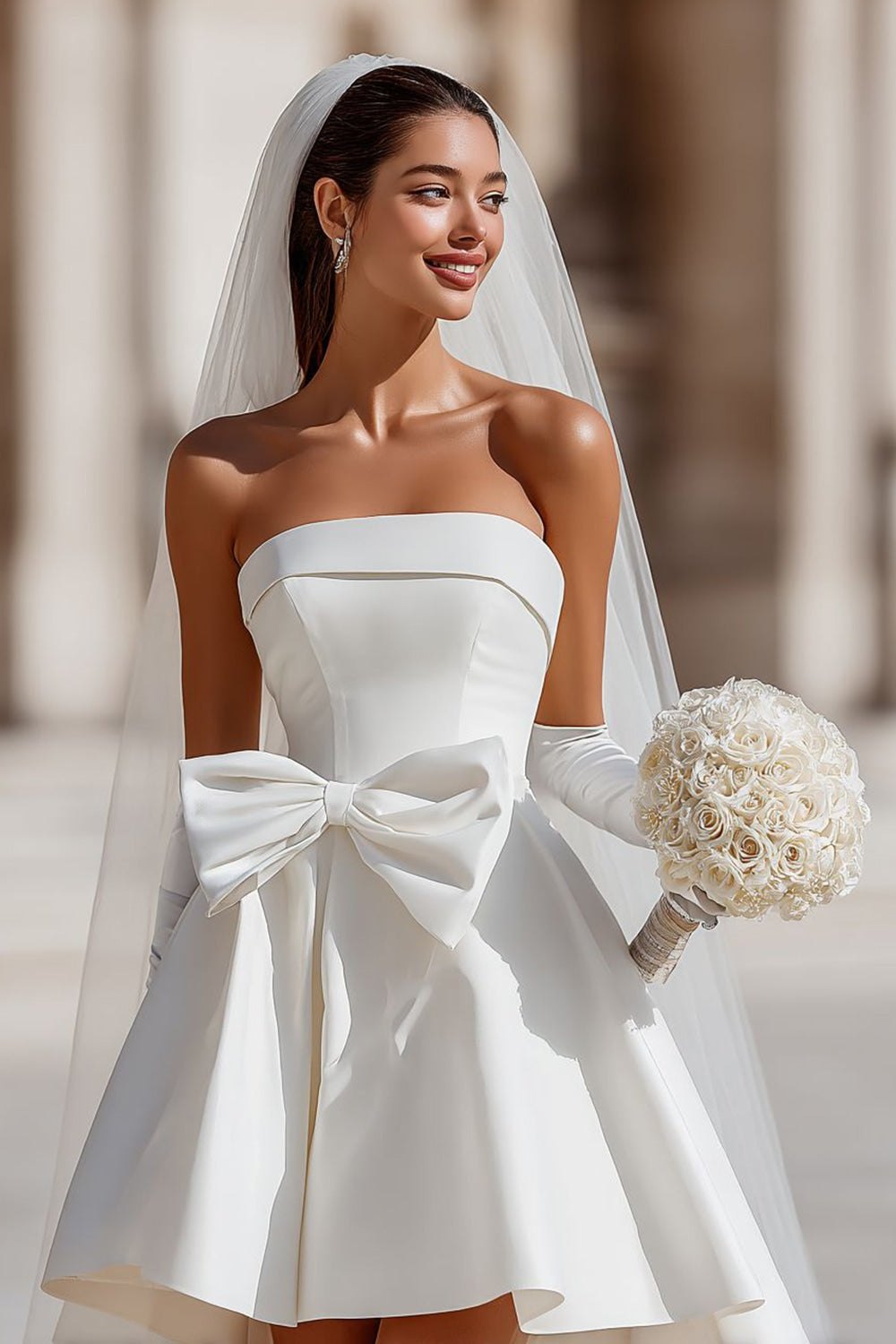 White Strapless A Line Satin Short Wedding Dress with Bow