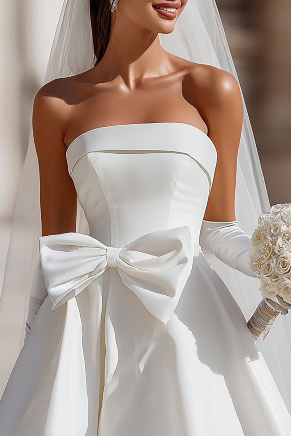 White Strapless A Line Satin Short Wedding Dress with Bow