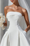 White Strapless A Line Satin Short Wedding Dress with Bow