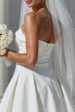 White Strapless A Line Satin Short Wedding Dress with Bow