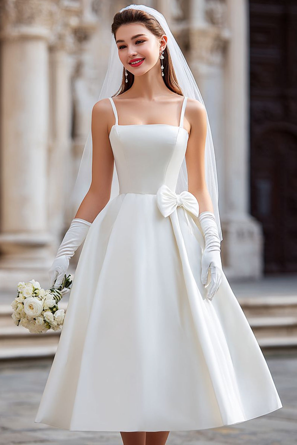White Spaghetti Straps Satin A Line Midi Wedding Dress
