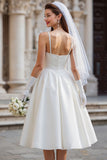 White Spaghetti Straps Satin A Line Midi Wedding Dress