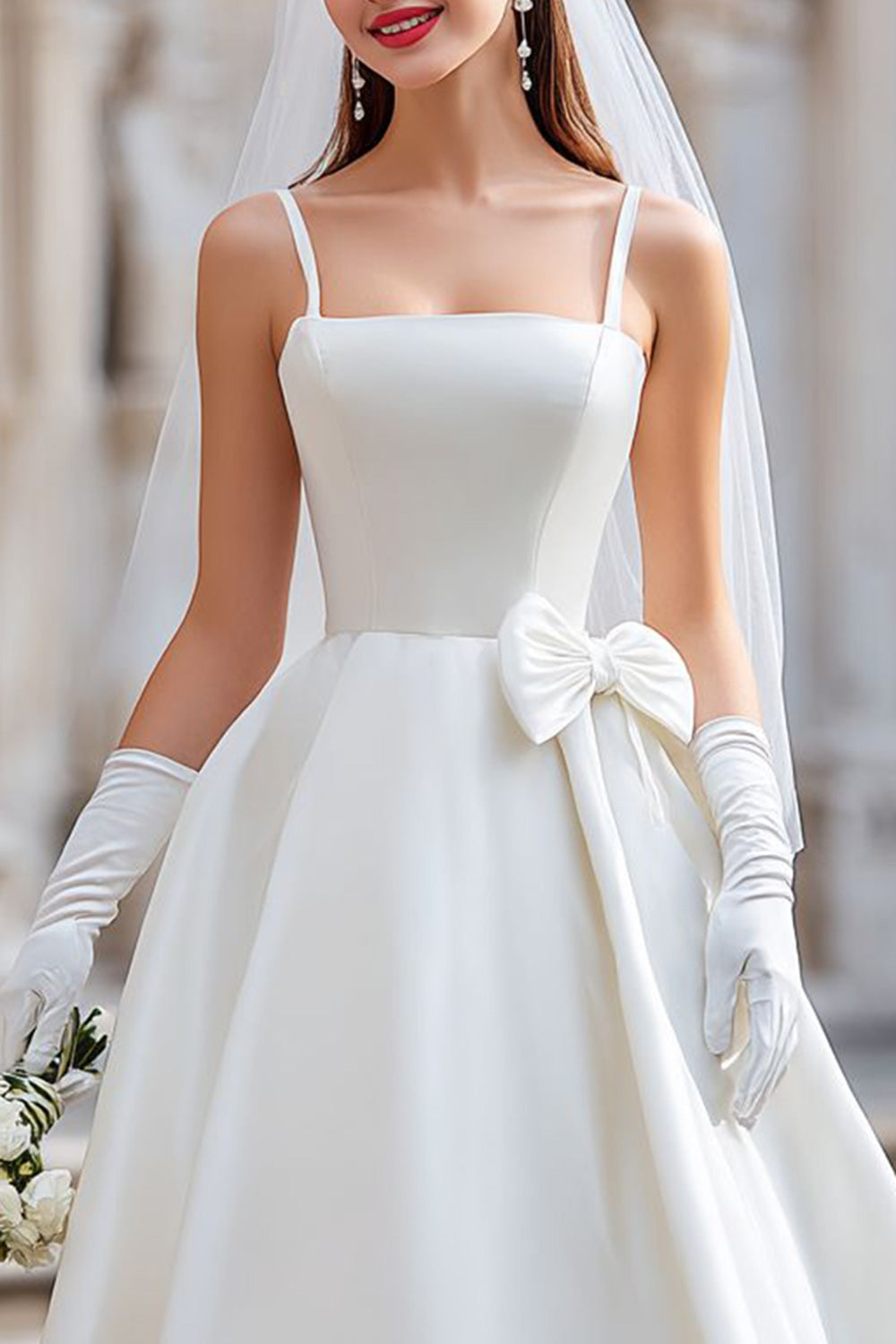 White Spaghetti Straps Satin A Line Midi Wedding Dress