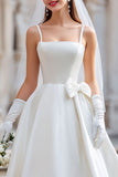 White Spaghetti Straps Satin A Line Midi Wedding Dress