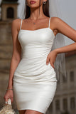 White Spaghetti Straps Ruched Bodycon Short Wedding Dress