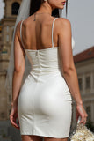 White Spaghetti Straps Ruched Bodycon Short Wedding Dress