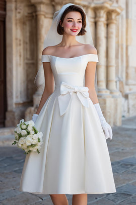 White Off the Shoulder Satin Midi Wedding Dress with Bow