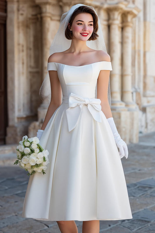 White Off the Shoulder Satin Midi Wedding Dress with Bow