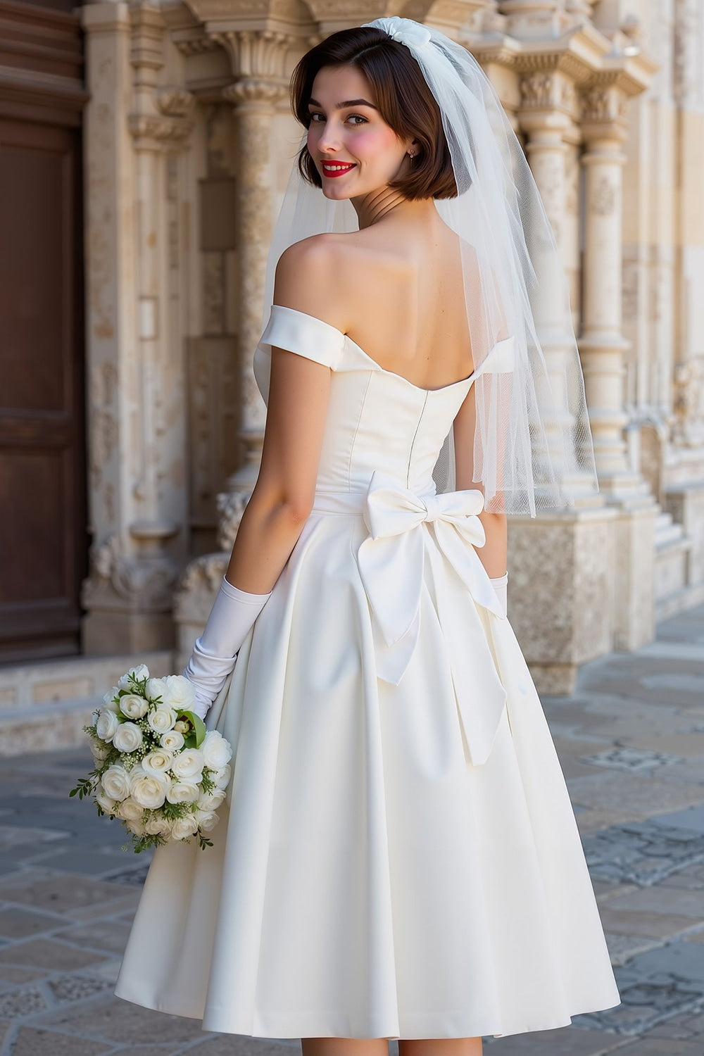 White Off the Shoulder Satin Midi Wedding Dress with Bow