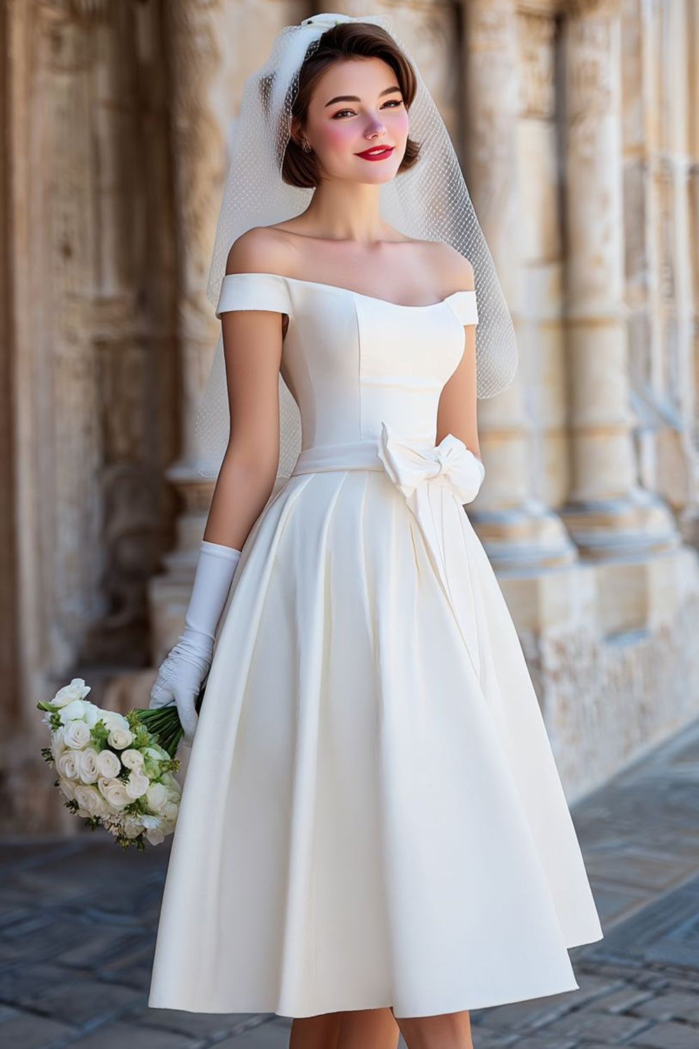 White Off the Shoulder Satin Midi Wedding Dress with Bow