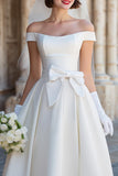 White Off the Shoulder Satin Midi Wedding Dress with Bow