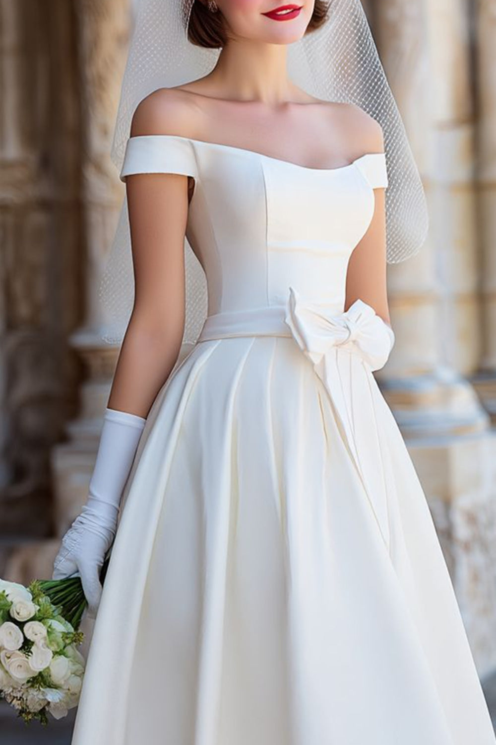 White Off the Shoulder Satin Midi Wedding Dress with Bow