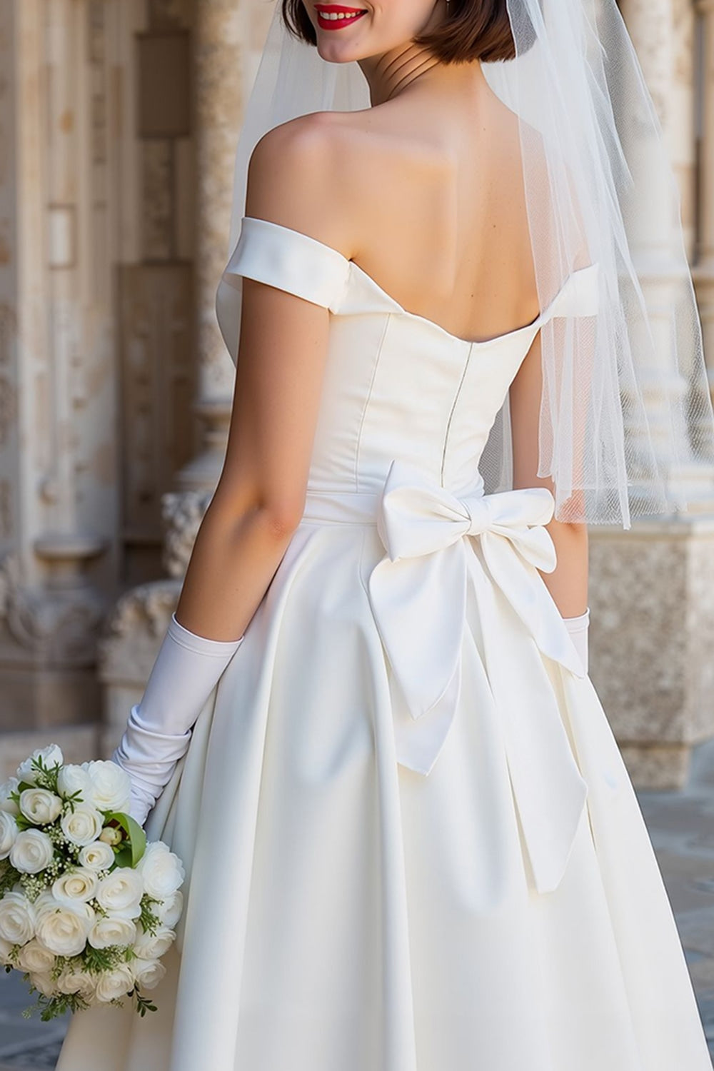White Off the Shoulder Satin Midi Wedding Dress with Bow