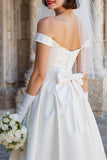 White Off the Shoulder Satin Midi Wedding Dress with Bow
