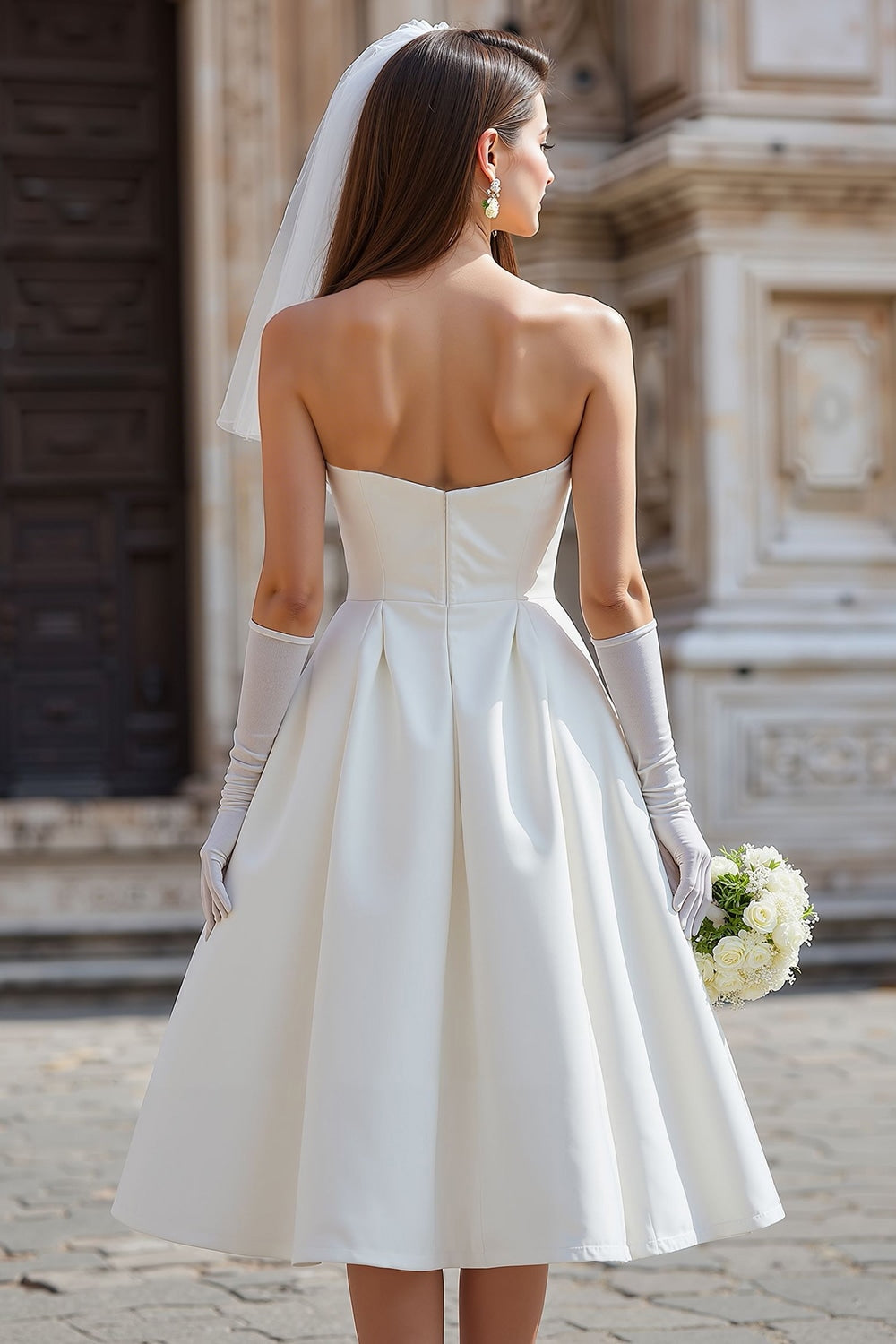 White Strapless A Line Satin Midi Wedding Dress with Bow