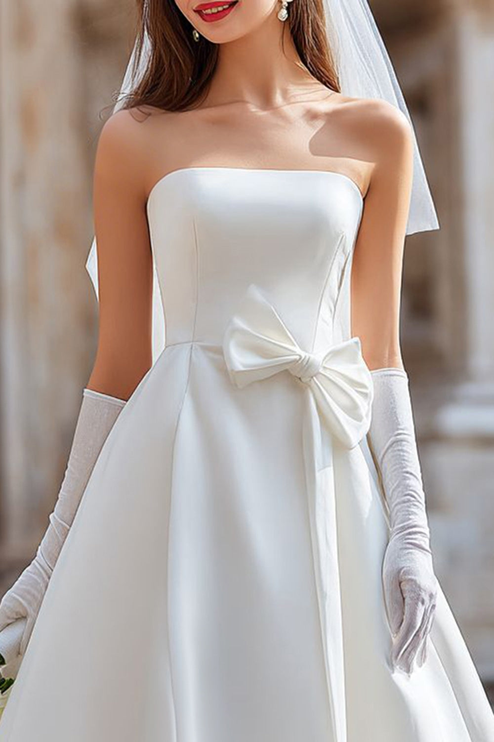 White Strapless A Line Satin Midi Wedding Dress with Bow