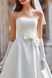 White Strapless A Line Satin Midi Wedding Dress with Bow