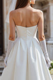 White Strapless A Line Satin Midi Wedding Dress with Bow