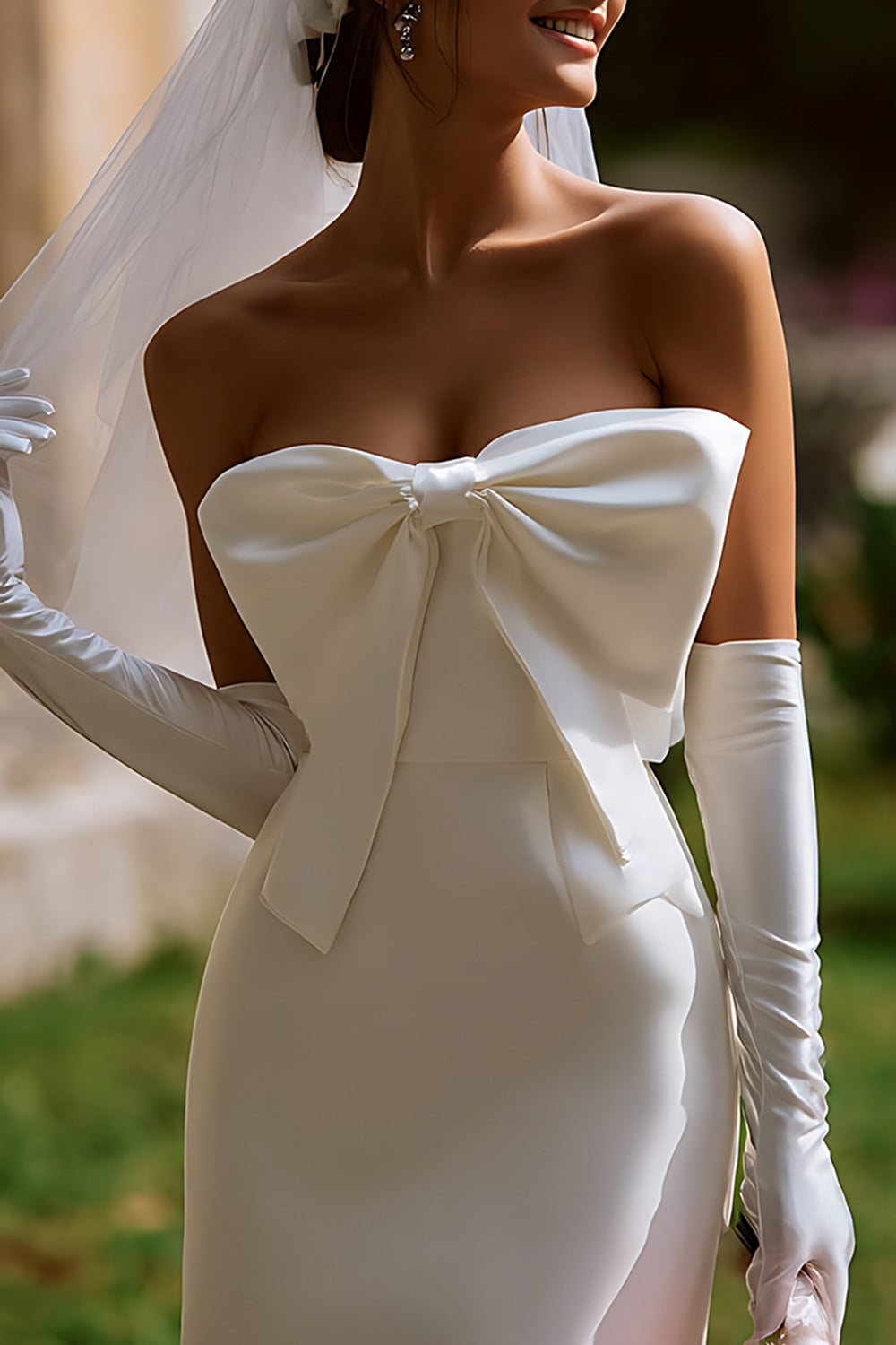 White Bodycon Strapless Short Wedding Dress with Bow