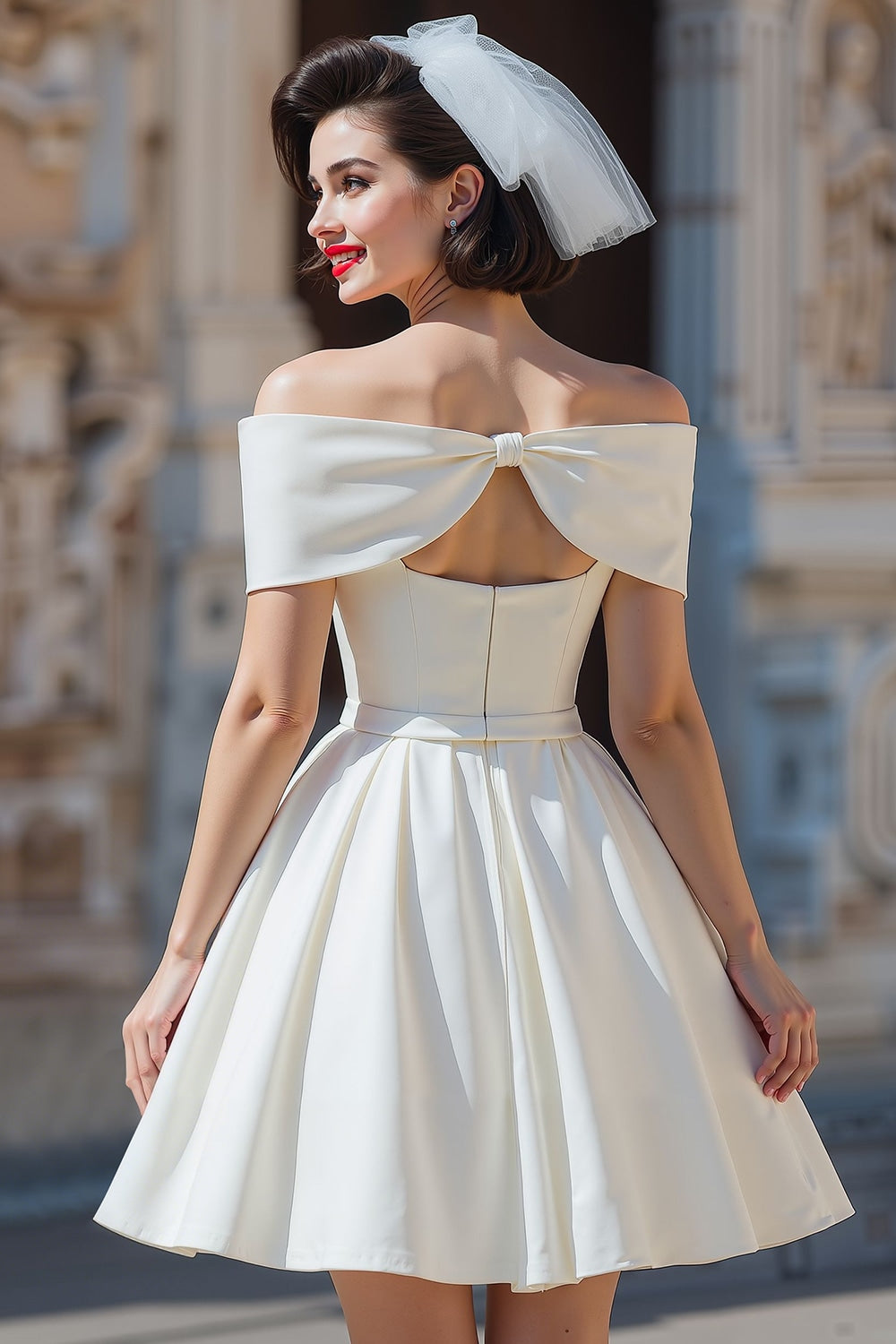 White Off the Shoulder A Line Short Corset Wedding Dress with Bow