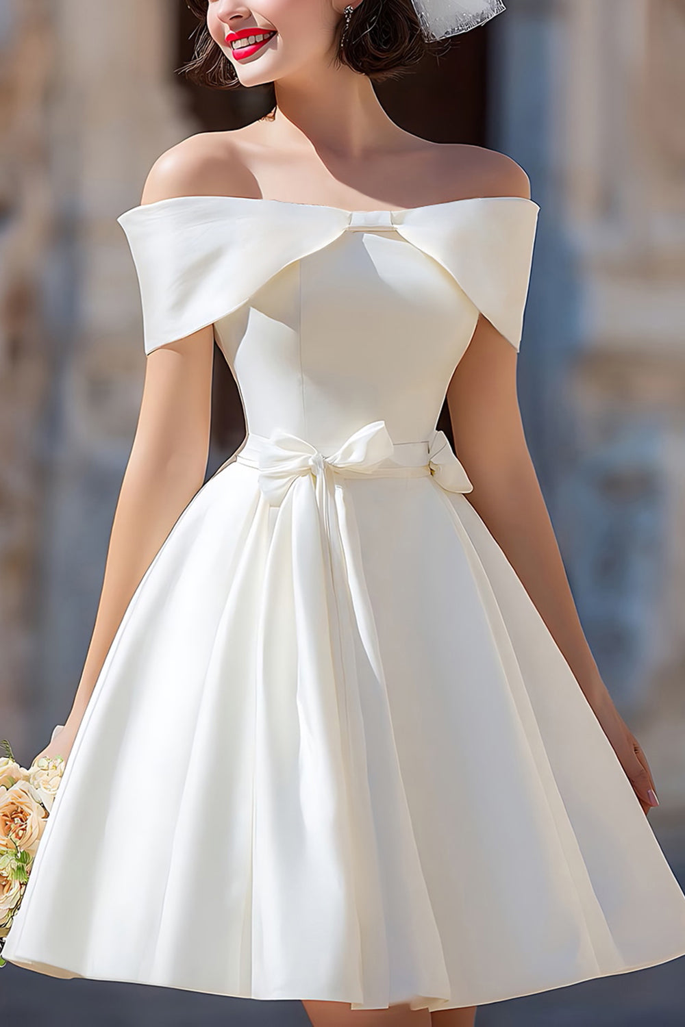 White Off the Shoulder A Line Short Corset Wedding Dress with Bow