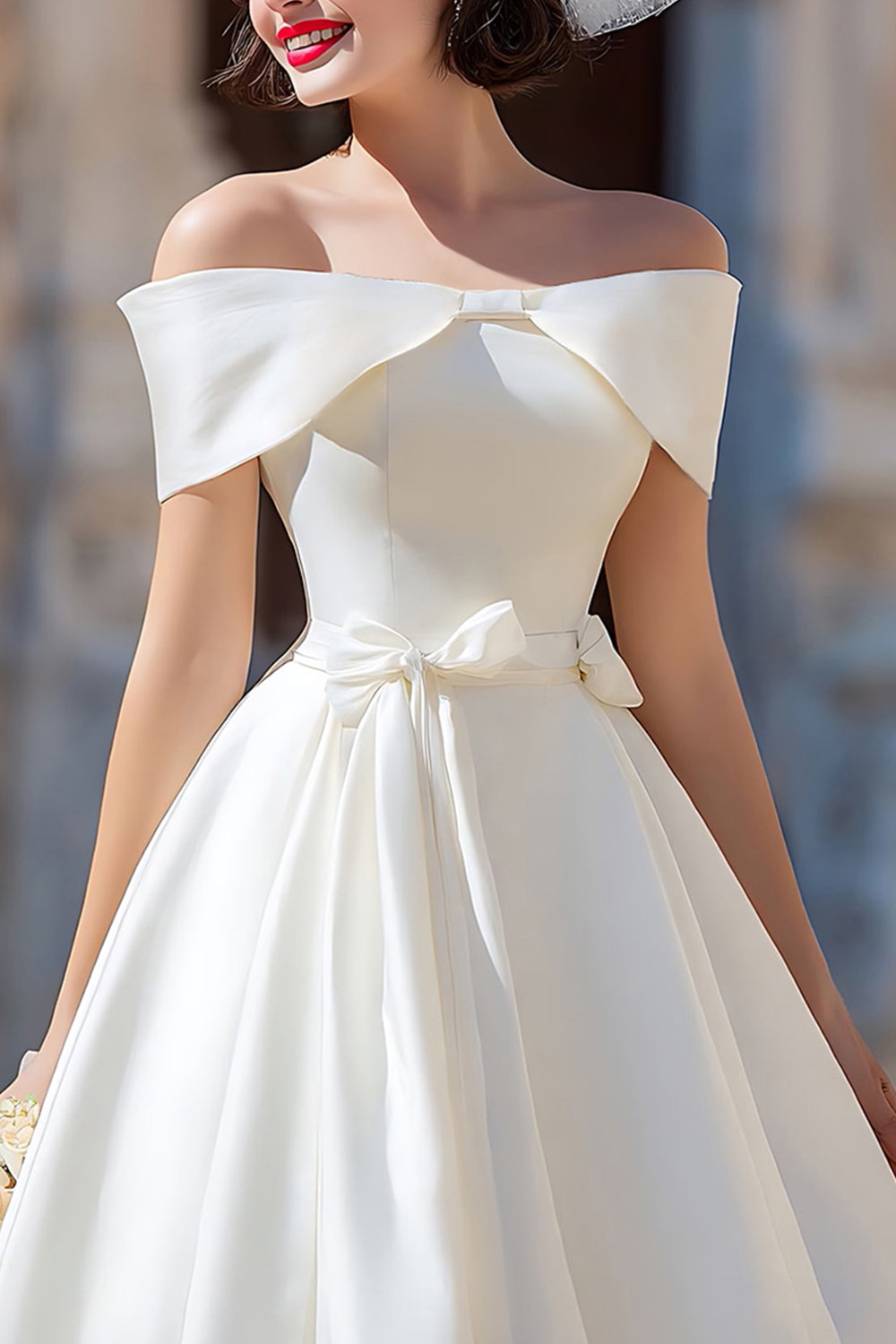 White Off the Shoulder A Line Short Corset Wedding Dress with Bow