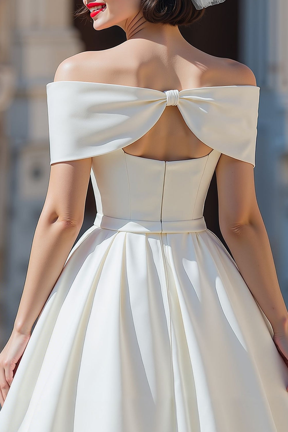 White Off the Shoulder A Line Short Corset Wedding Dress with Bow