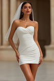 White Bodycon Ruched Sweetheart Short Wedding Dress