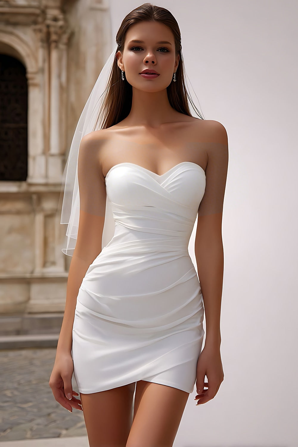 White Sweetheart Bodycon Ruched Short Wedding Dress