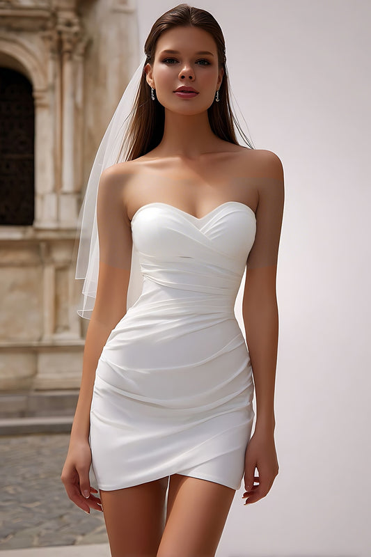 White Sweetheart Bodycon Ruched Short Wedding Dress