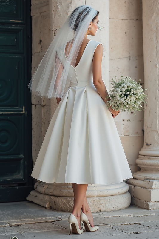 White A-Line Satin Bateau Neck Backless Midi Wedding Dress