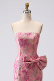 Strapless Corset Long Mermaid Jacquard Fuchsia Prom Dress with Slit
