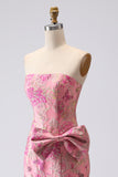 Strapless Corset Long Mermaid Jacquard Fuchsia Prom Dress with Slit