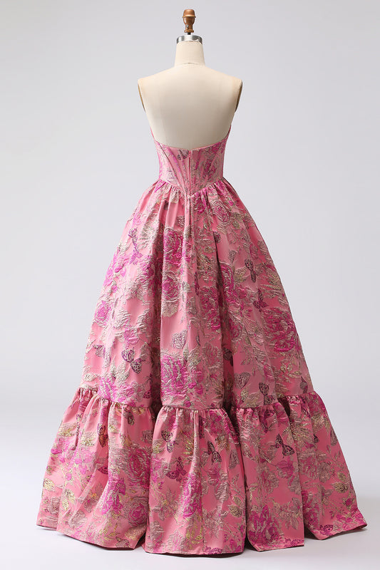Fuchsia Sweetheart Corset Jacquard Long Ball Gown Floral Prom Dress