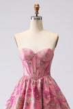 Fuchsia Sweetheart Corset Jacquard Long Ball Gown Floral Prom Dress