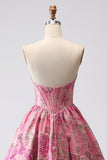 Fuchsia Sweetheart Corset Jacquard Long Ball Gown Floral Prom Dress