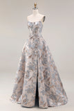 Silver Corset Floral A Line Strapless Jacquard Long Prom Dress with Slit