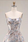 Silver Corset Floral A Line Strapless Jacquard Long Prom Dress with Slit
