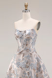 Silver Corset Floral A Line Strapless Jacquard Long Prom Dress with Slit