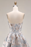 Silver Corset Floral A Line Strapless Jacquard Long Prom Dress with Slit