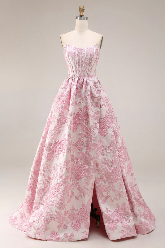 Ivory and Pink Jacquard A Line Long Corset Prom Dress with Slit
