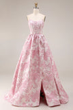 Ivory and Pink Jacquard A Line Long Corset Prom Dress with Slit