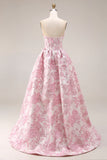 Ivory and Pink Jacquard A Line Long Corset Prom Dress with Slit