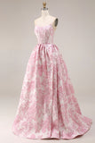 Ivory and Pink Jacquard A Line Long Corset Prom Dress with Slit