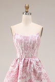 Ivory and Pink Jacquard A Line Long Corset Prom Dress with Slit