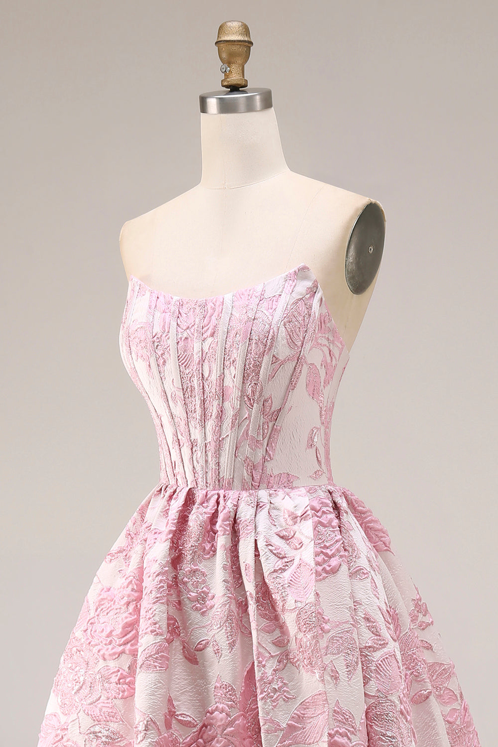 Ivory and Pink Jacquard A Line Long Corset Prom Dress with Slit