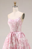Ivory and Pink Jacquard A Line Long Corset Prom Dress with Slit