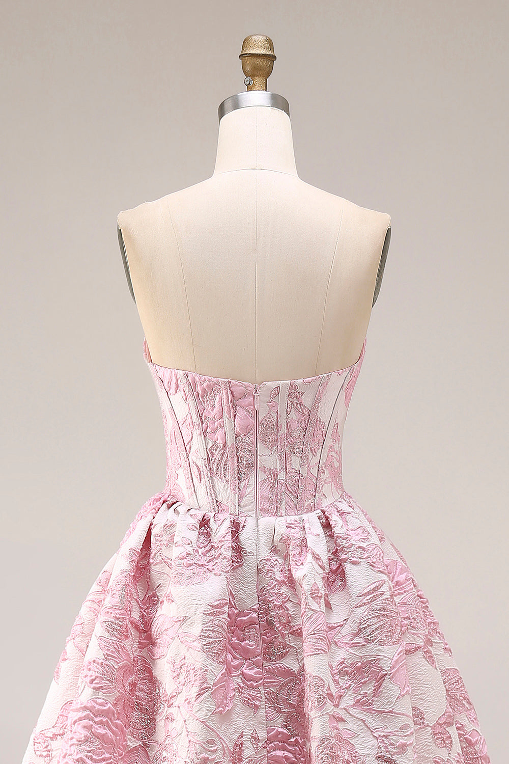 Ivory and Pink Jacquard A Line Long Corset Prom Dress with Slit