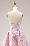Ivory and Pink Jacquard A Line Long Corset Prom Dress with Slit